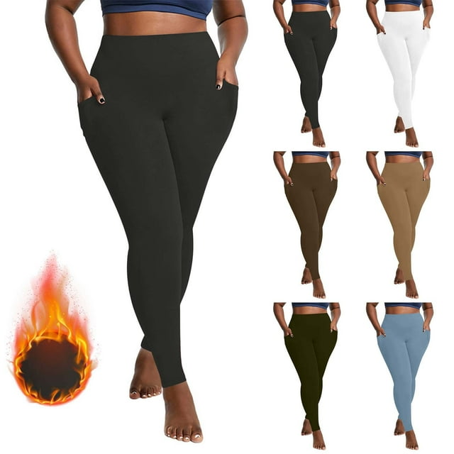 CFLVAEK Fleece Lined Yoga Pants for Women Plus Size Thermal Winter Leggings with Pockets Quick Dry Stretch Leggings Solid Color Workout Pant 2025 Khaki XL