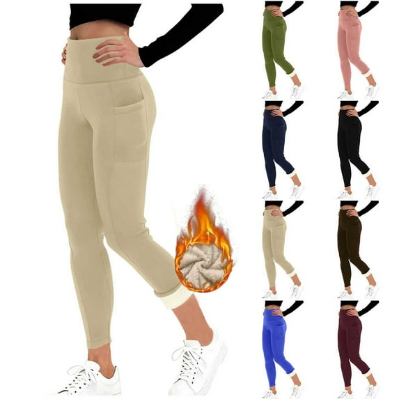 CFLVAEK Fleece Lined Yoga Pants Women with Pocket Thermal Winter High Waisted Leggings Solid Color Tummy Control Workout Pant Wine S