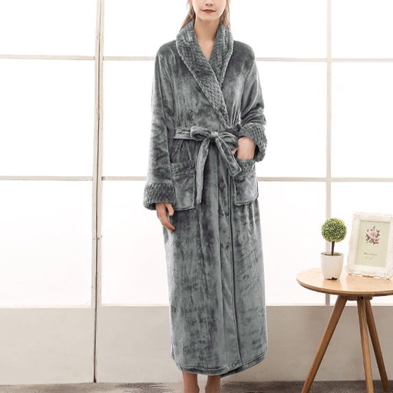 CFLVAEK Fleece Robes for Women Soft Long Bathrobes with Pockets Plus Size Warm Winter Robe Solid Color Fuzzy Plush Spa Robes with Belt Dark Gray M