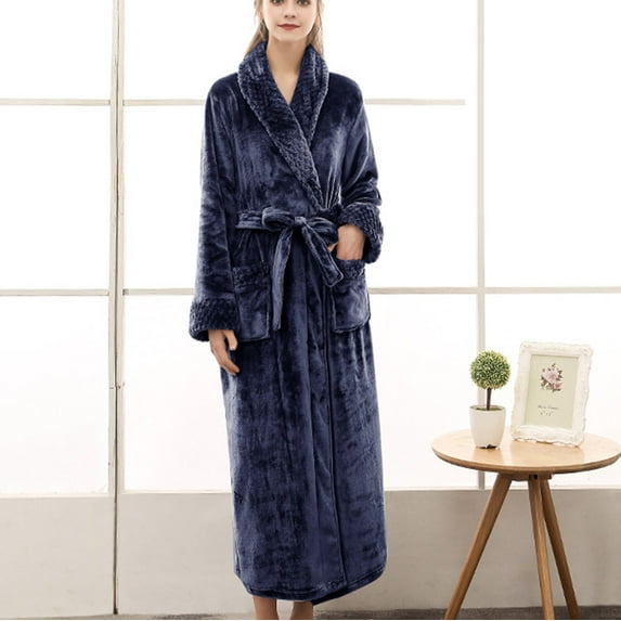 CFLVAEK Fleece Robes for Women Soft Long Bathrobes with Pockets Plus Size Warm Winter Robe Solid Color Fuzzy Plush Spa Robes with Belt Navy XL