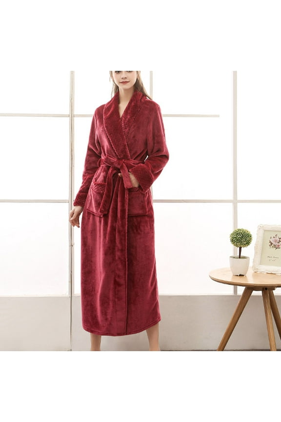 Fleece Robes for Women Soft Long Bathrobes with Pockets Plus Size Warm Winter Robe Solid Color Fuzzy Plush Spa Robes with Belt Wine XL