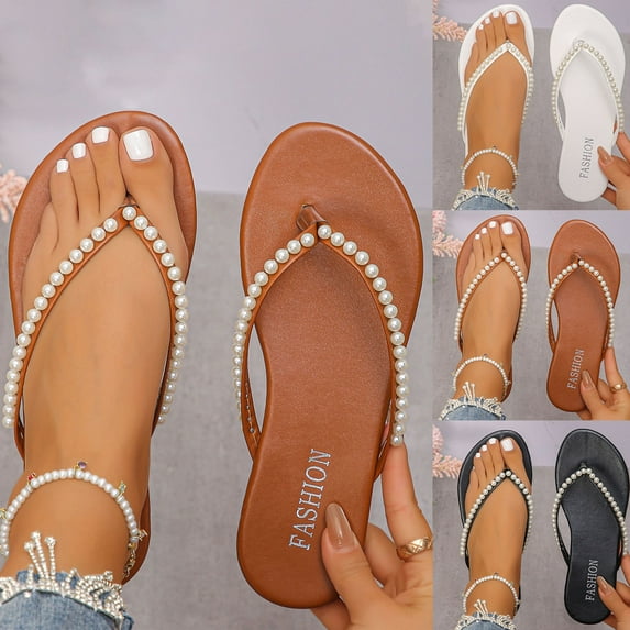 CFLVAEK Flip Flops for Women Dressy Rhinestone Flat Sandals Casual Summer Beach Walking Sandals Slip On Vacation Shoes Size 5.5