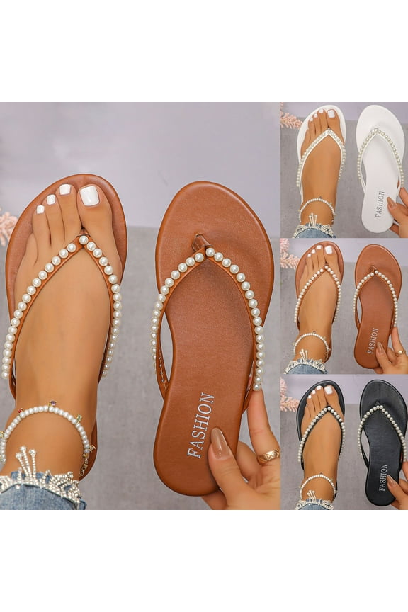 Flip Flops for Women Dressy Rhinestone Flat Sandals Casual Summer Beach Walking Sandals Slip On Vacation Shoes Size 7.5
