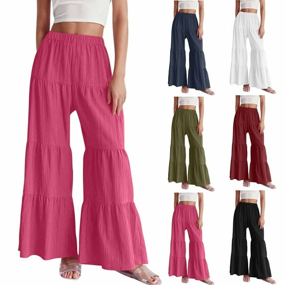 CFLVAEK Flowy Tiered Pants for Women Elegant Pleated Wide Leg Pants Fashion High Waisted Swing Trousers Solid Color Ladies Pant Wine L