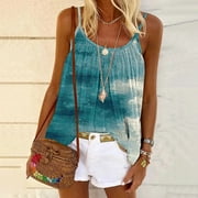 CFLVAEK Flowy Womens Camisole Tank Tops Long Spaghetti Strap Tie Dye Blouse Casual Pleated Scoop Neck Shirts Lightweight Sleeveless Vacation Tshirts for Beach