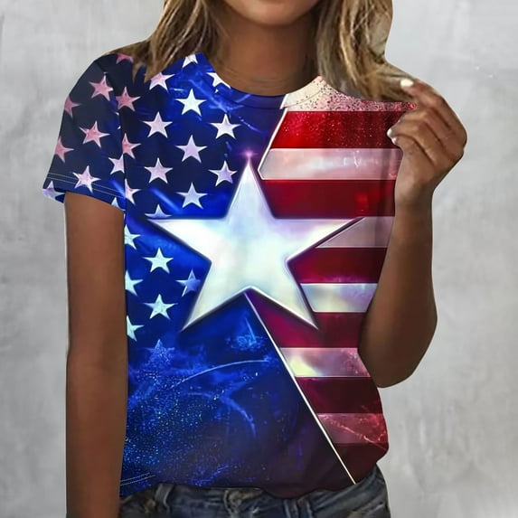 CFLVAEK Fourth of July Tshirts for Women Novelty American Flag Graphic Tees Casual Summer Shrot Sleeve Tshirt Loose Fit Round Neck Patriotic T Shirts XL