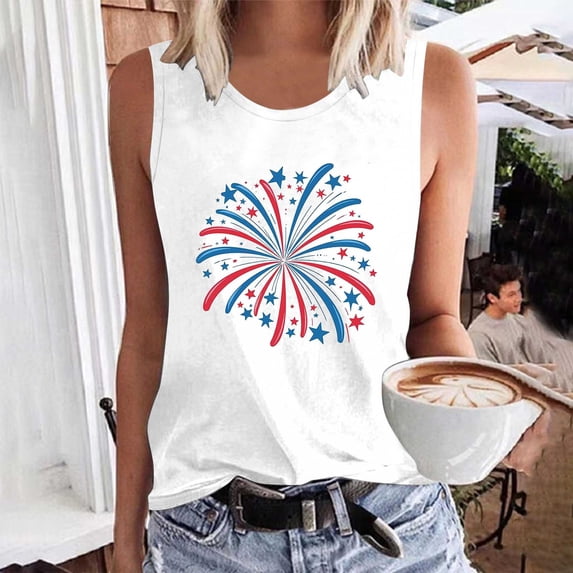 CFLVAEK Fourth of July Tank Tops for Women Novelty Red White and Blue Print Shirts Plus Size Sleeveless Crewneck Tank Top Independence Day Clothes S