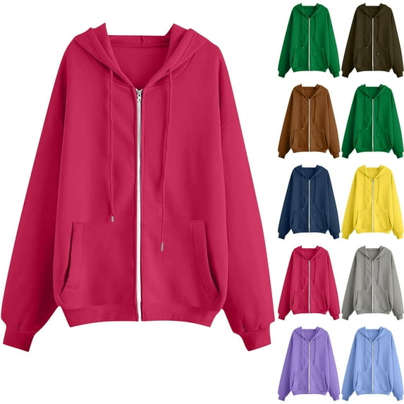 CFLVAEK Full Zip Hoodies for Women Loose Long Sleeve Hooded Sweatshirts Solid Color Drawstring Fall Fashion Outfits with Pockets Gray M