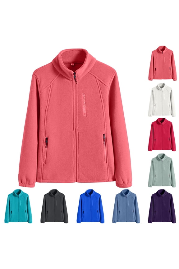 Full Zip Polar Fleece Jacket Women Plus Size Thermal Fall and Winter Lapel Coat Solid Color Long Sleeve Outwear with Zipper Pockets Light Blue XL