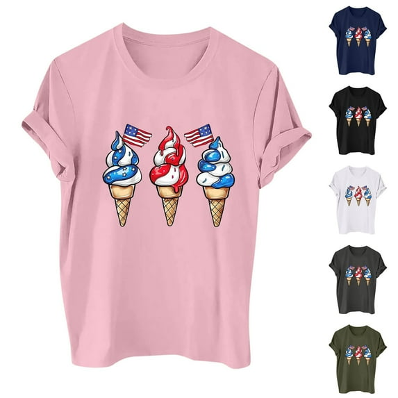 CFLVAEK Funny 4th of July Tshirts for Women Novelty American Flag Graphic Tees Summer Casual Short Sleeve Round Neck Tshirt Patriotic Tops L
