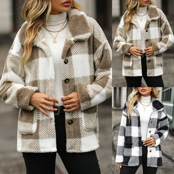 CFLVAEK Fuzzy Fleece Jacket Thermal Winter Shacket Fashion Plaid Graphic Coat Comfy Long Sleeve Lapel Jackets with Pockets Khaki M
