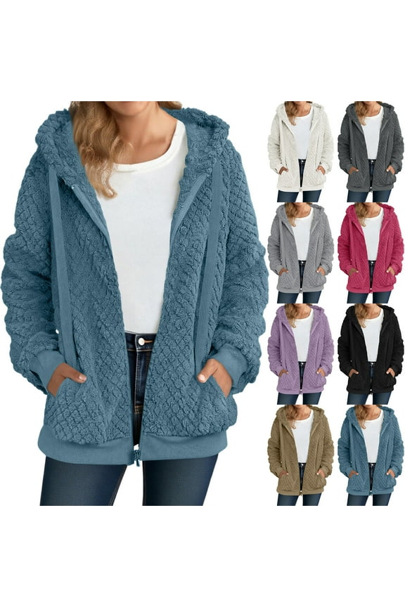 Fuzzy Fleece Jacket Women Full Zip Up Sherpa Jackets with Hood Thermal Warm Winter Long Sleeve Hooded Sweatshirts with Pockets Black XL