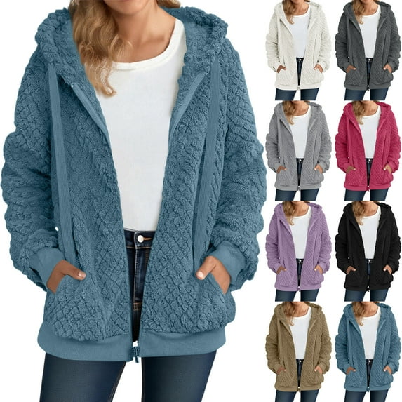 CFLVAEK Fuzzy Fleece Jacket Women Full Zip Up Sherpa Jackets with Hood Thermal Warm Winter Long Sleeve Hooded Sweatshirts with Pockets Blue S