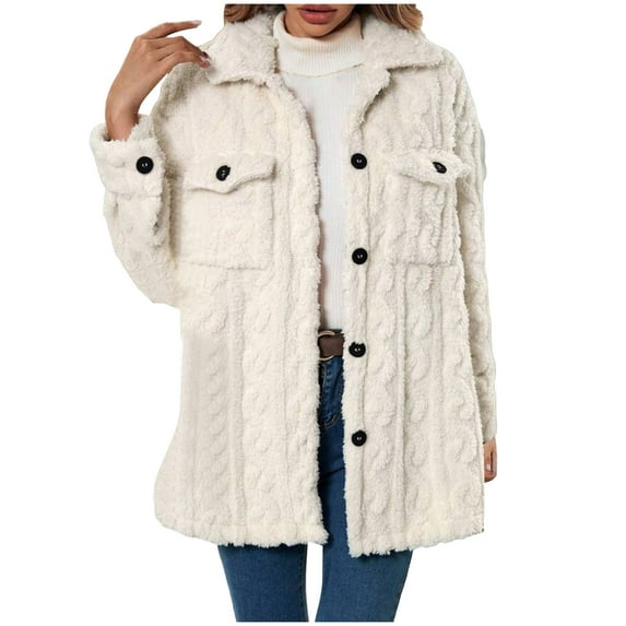 CFLVAEK Fuzzy Fleece Jacket for Women Fall Winter Thermal Lapel Outwear with Pocket Comfy Button Down Long Sleeve Jackets White S