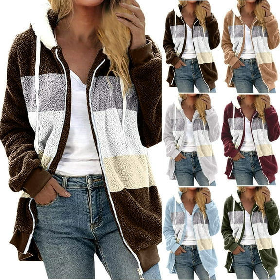 CFLVAEK Fuzzy Fleece Jackets for Women Plus Size Warm Sherpa Hoodies Color Block Print Full Zip Up Coat Cozy Long Sleeve Fall Winter Outwear Blue XXXL