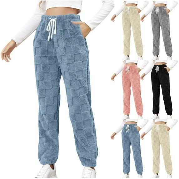 CFLVAEK Fuzzy Fleece Sweatpants for Women Thermal Winter Workout Pants with Pockets Comfy Drawstring High Waisted Sweat Pant Solid Color Sherpa Lined Pants Blue L