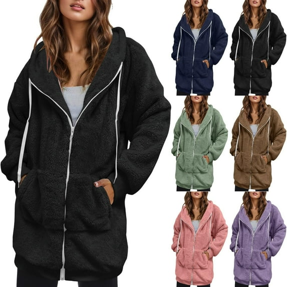 CFLVAEK Fuzzy Hoodie for Women Plus Size Fleece Lined Warm Winter Long Hoodies Cozy Zipper Sweatshirts with Hood Solid Color Long Sleeve Coat with Pockets Khaki XXXXL