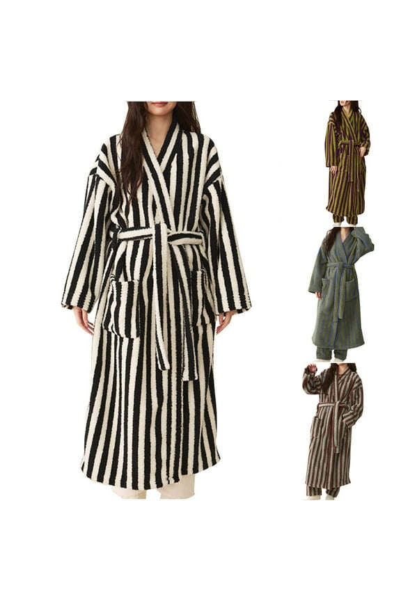 Fuzzy Robes for Women Plus Size Long Sleeve Lapel Bathrobes with Pockets Fashion Striped Print Robe Soft Thermal Winter House Coat with Belt Purple L