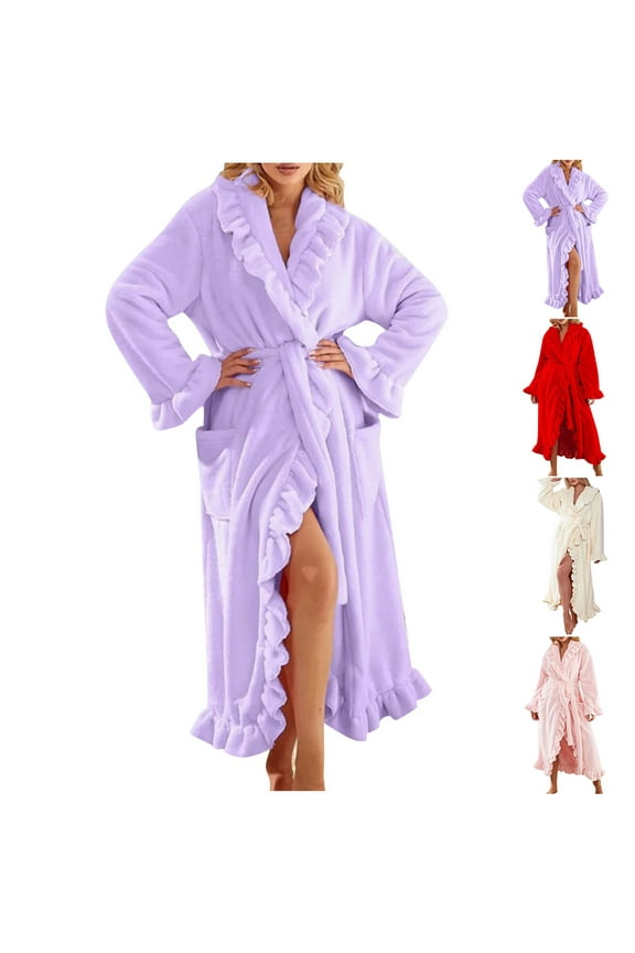 Fuzzy Robes for Women Elegant Ruffled Trim Bathrobe Cozy Long Sleeve Robe with Belt Thermal Winter Sleepwear with Pockets Pink XL