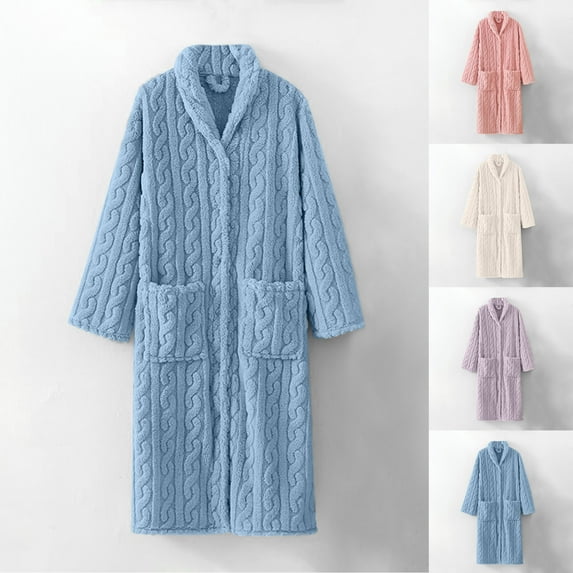 CFLVAEK Fuzzy Robes for Women Thick Warm Winter Long Bathrobes with Pockets Solid Color Jacquard Long Sleeve Sleepwear White L