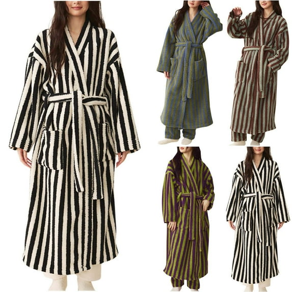 CFLVAEK Fuzzy Robes for Women Warm Winter Bathrobes with Pocket Comfy Plush Fleece Long Robe with Belt Trendy Striped Print Sleepwear Black M