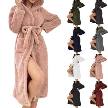 CFLVAEK Fuzzy Robes for Women with Hood Thermal Winter Long Robe with Pockets Cozy Long Sleeve Bathrobes with Belt Solid Color Sleepwear Army Green L
