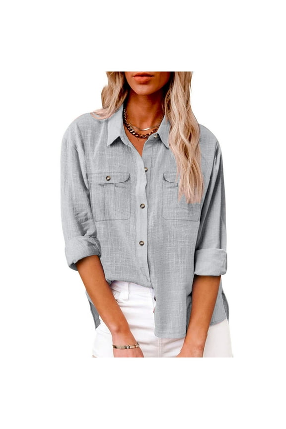 Gauze Linen Cotton Shirts Women with 2 Pocket Dressy Collared Button Down Work Top Lightweight Three Quater Sleeve Plain Color Blouses for Office
