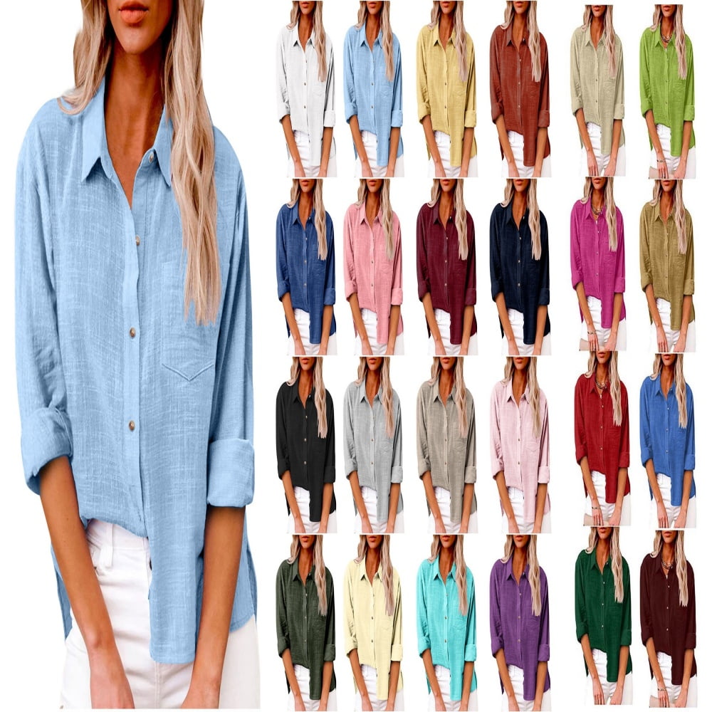 CFLVAEK Gauze Linen Cotton Tops Plus Size Women with 2 Pockets Dressy ...