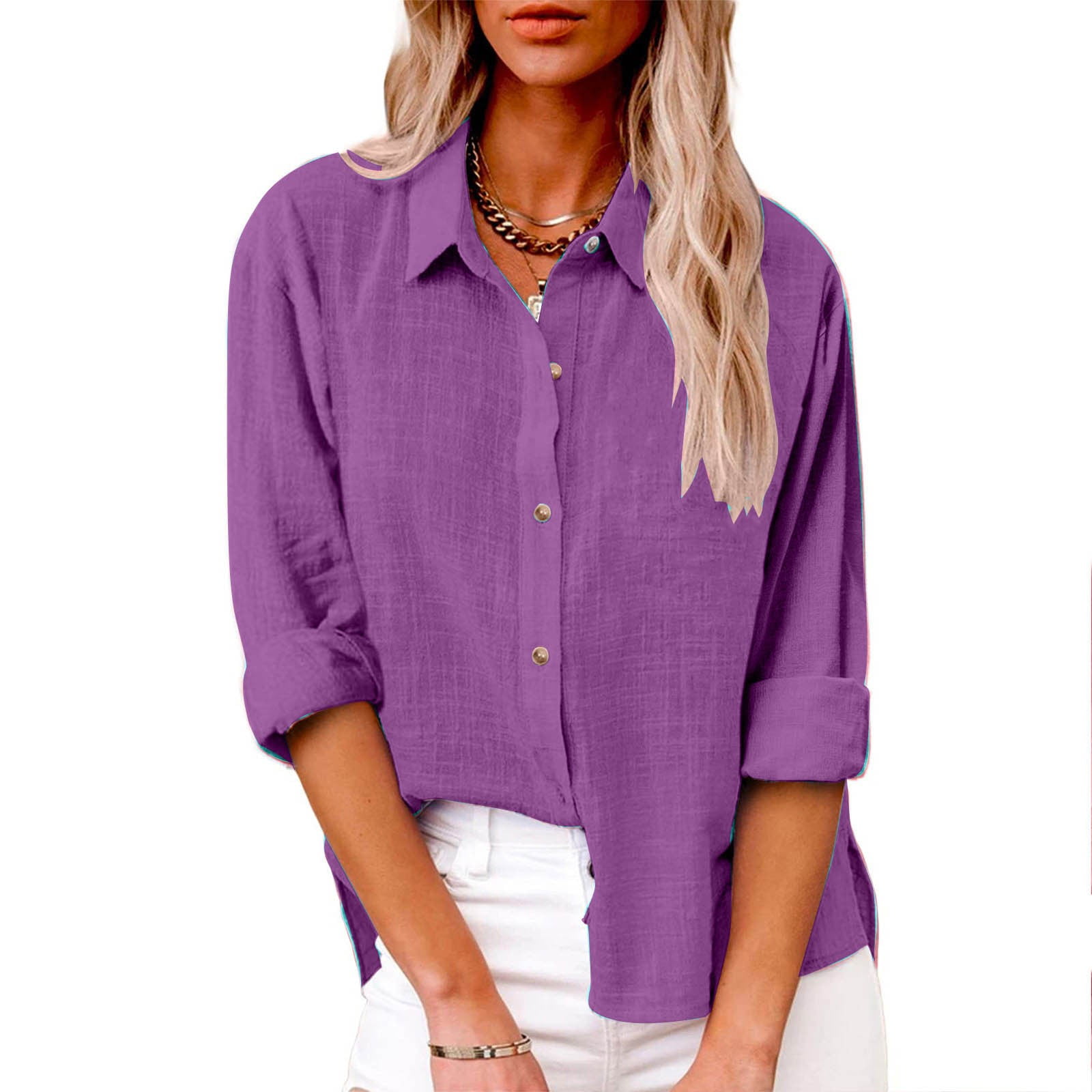 CFLVAEK Gauze Linen Cotton Tops Women Dressy Collared Button Down Office Shirt Lightweight Rolled Up 3/4 Sleeve Plain Color Blouses