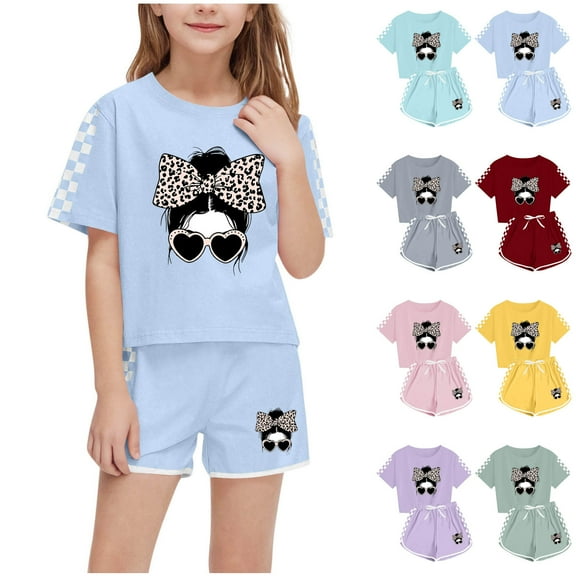 CFLVAEK Girls 2 Piece Outfits Fashion Bow Tie Print Short Sleeve Tshirt and Shorts Summer Casual Beach Vacation Outfit Sets Size 9 Years