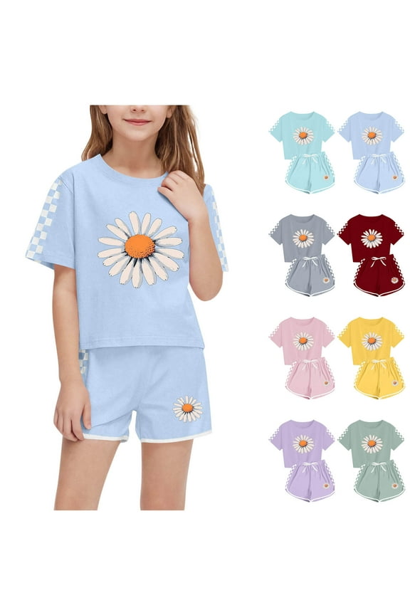 Girls 2 Piece Outfits Fashion Short Sleeve Sunflower Graphic Tees and Shorts Summer Casual Beach Vacation Outfit Sets Size 5 Years