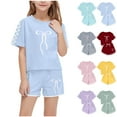 thumbnail image 1 of CFLVAEK Girls 2 Piece Outfits Short Sleeve Fashion Bow Tie Graphic Tees and Shorts Summer Casual Beach Vacation Outfit Sets Size 13 Years, 1 of 9