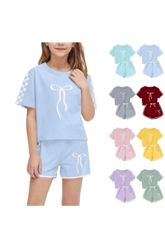 Girls 2 Piece Outfits Short Sleeve Fashion Bow Tie Graphic Tees and Shorts Summer Casual Beach Vacation Outfit Sets Size 7 Years