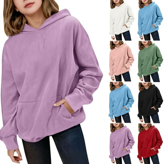 CFLVAEK Girls Corduroy Hoodies Casual Fall Long Sleeve Hooded Sweatshirts Trendy Teen Girls Oversized Sweatshirt with Pockets Purple Size 12-13 Years