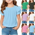 thumbnail image 1 of CFLVAEK Girls Ruffle Short Sleeve T Shirts Kids Summer Crewneck Pleated Tops Cute Tees Blouse Solid Color Casual Shirts Black Size 5 Years, 1 of 8