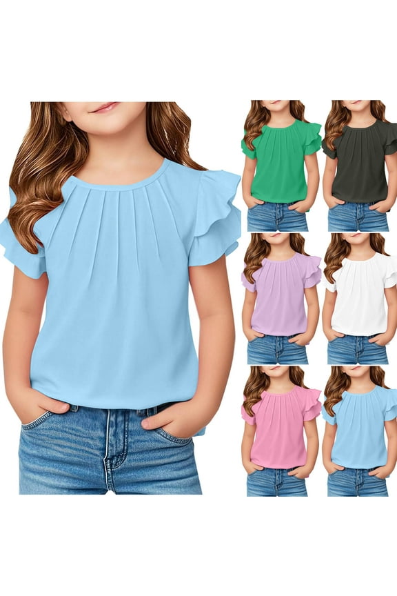 Girls Ruffle Short Sleeve T Shirts Kids Summer Crewneck Pleated Tops Cute Tees Blouse Solid Color Casual Shirts Black Size 5 Years