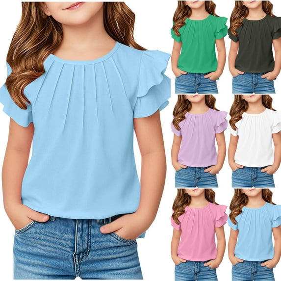 CFLVAEK Girls Ruffle Short Sleeve T Shirts Kids Summer Crewneck Pleated Tops Cute Tees Blouse Solid Color Casual Shirts Black Size 5 Years