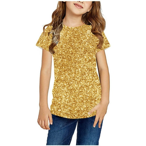 CFLVAEK Glitter Sparkly Graphic Tees for Kids Girls Boys Casual Summer Short Sleeve Party T Shirts Loose Fit Crewneck Sequin Tops Yellow 4-5 Years