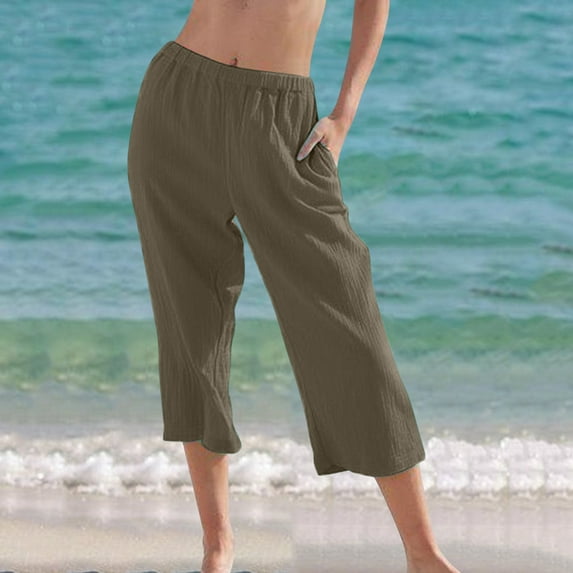 CFLVAEK Going Out Capri Pant with Pocket for Women Baggy Solid Ruched Beach Pant Flowy Fall Casual Straight Pedal Pushers Lightweight Mid Rise Wide Leg Pants