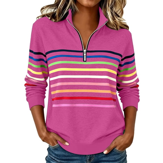 CFLVAEK Half Zip Sweatshirt for Women Plus Size Collared Pullover Tops Fashion Fall Rainbow Graphic Long Sleeve Sweatshirts Hot Pink XL