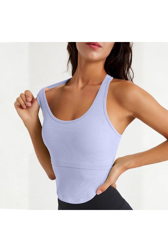 Halter Sports Bra for Women High Impact Racerback Sports Bras Ribbed Wireless Longline Bras for Running Workout Purple L