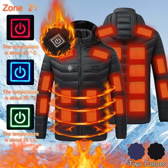 CFLVAEK Heated Jackets for Men with Hood Rechargeable Electric Heating Coat with 21 Heating Zones Zip Up Winter Warm Heated Jacket Excluding Power Bank XL