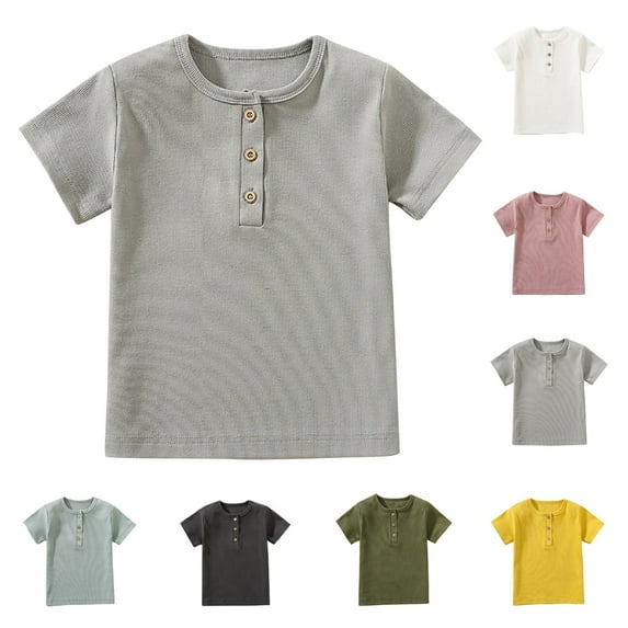 CFLVAEK Henley Neck Tshirts for Kids Girls Boys Casual Short Sleeve Summer Tshirt Solid Color Basic Tees 100 Days of School Shirt 2025 Dark Gray 6 Years