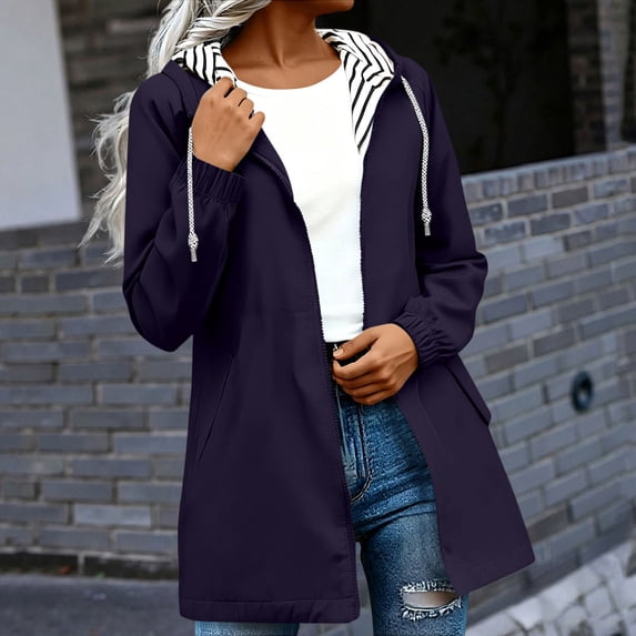 CFLVAEK Hooded Rain Jackets for Women Plus Size Waterproof Hooded Windbreaker Lightweight Hiking Outdoor Travel Raincoat Purple M