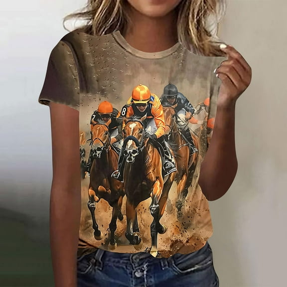 CFLVAEK Horse Racing Shirts for Women Plus Size Crewneck Tshirts Casual Short Sleeve Summer T Shirts Funny Horse Graphic Tees XXXXL