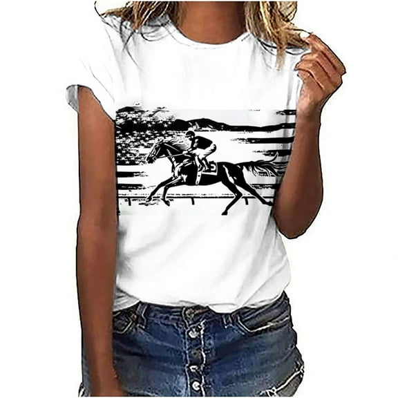 CFLVAEK Horse Racing Tee Shirts Women Funny Horse Racing Shirt Plus Size Short Sleeve Tshirts Casual Summer Round Neck Blouse Tops XL