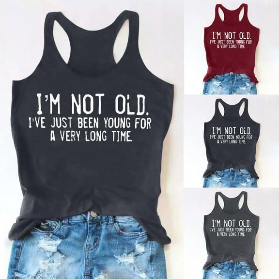 CFLVAEK I'm Not Old Tank Top for Women Casual Summer Racerback Crewneck Tops Loose Fit Sleeveless Shirts Funny Letter Graphic Tees Wine S