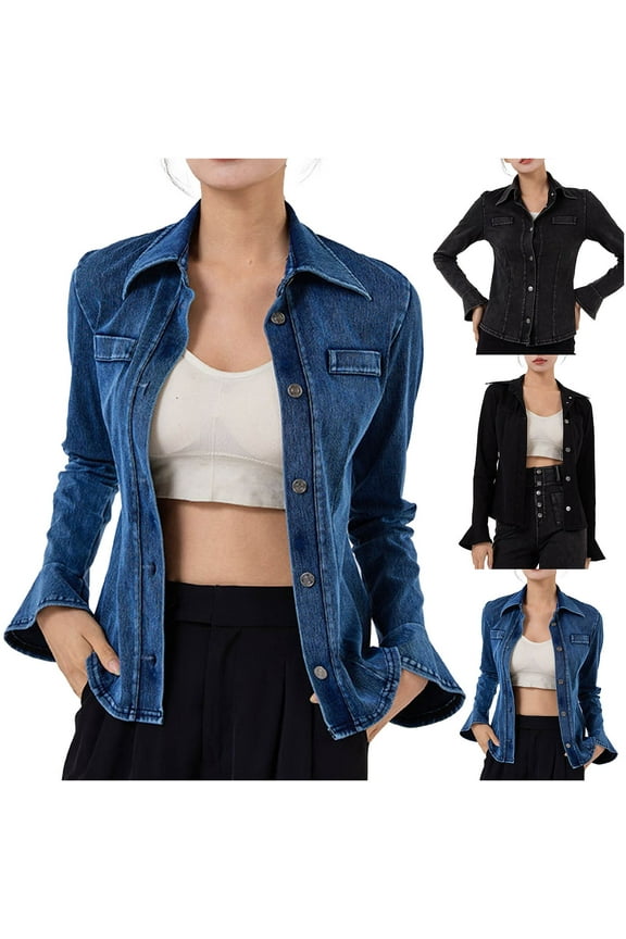 Jean Jacket Women Dressy Casual Flare Long Sleeve Denim Jacket Casual Button Down Lapel Coat Outwear Fall Fitted Coats Blue L