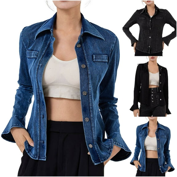 CFLVAEK Jean Jacket Women Dressy Casual Flare Long Sleeve Denim Jacket Casual Button Down Lapel Coat Outwear Fall Fitted Coats Dark Gray L