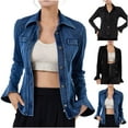 thumbnail image 1 of CFLVAEK Jean Jacket Women Dressy Casual Flare Long Sleeve Denim Jacket Casual Button Down Lapel Coat Outwear Fall Fitted Coats Dark Gray M, 1 of 4